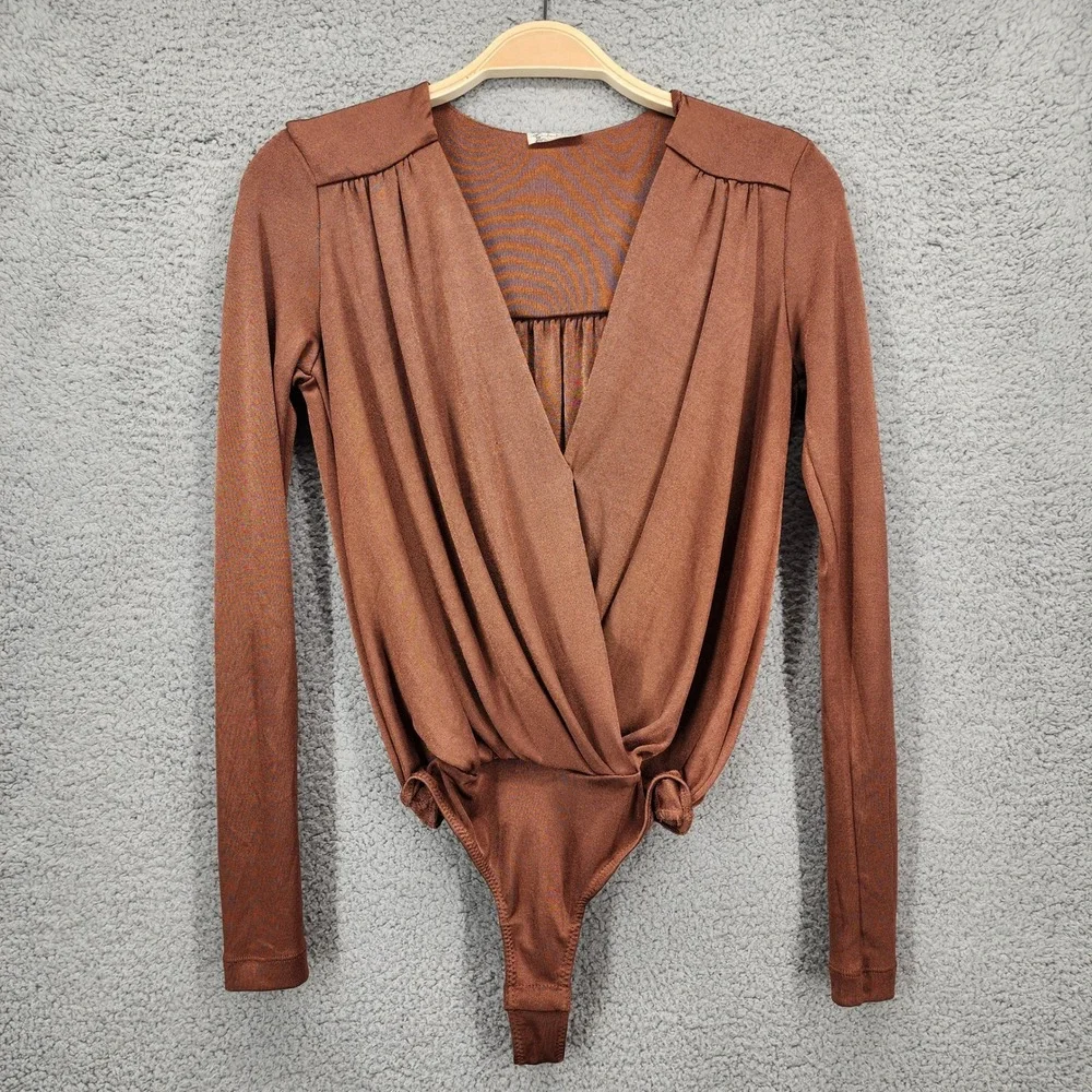 Intimately Free People Brown Long Sleeve Plunging Neckline Ruched Bodysuit XS